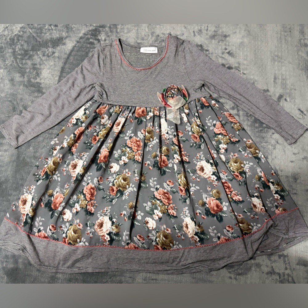 Bonnie Jean Girl’s Dress, Longer Length, Gray Top Floral Bottom Skirt EUC!